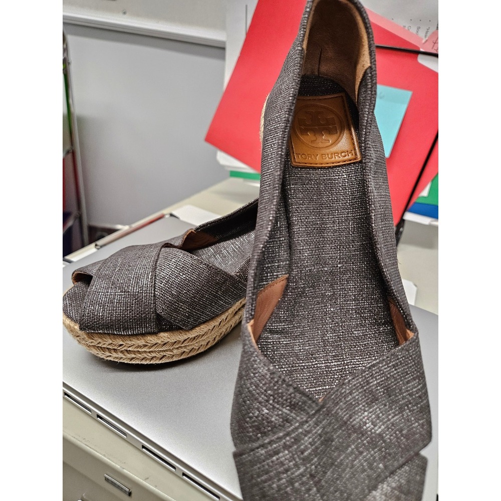 Tory Burch Metallic Linen Espadrille Wedge Sandals Grey Peep Toe Size 8